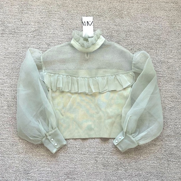 Zara Tops - NWT Zara Women’s Sage Green Mesh Blouse Top Casual Spring Summer Coquette Puff